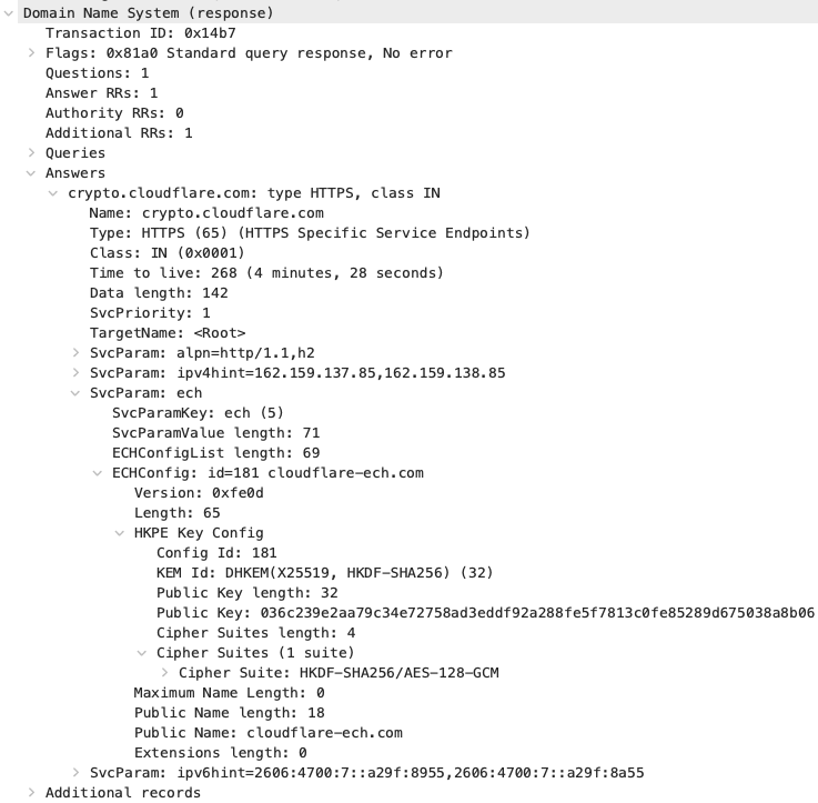 HTTPS RR DNS response packet for ECH
