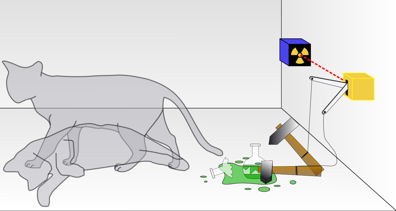 The Schrödinger's cat thought experiment illustrating the principle of superposition: a cat in a box containing poison can be either alive or dead until the opening of the box triggers the choice (source: https://en.wikipedia.org/wiki/Schr%C3%B6dinger%27s_cat#/media/File:Schrodingers_cat.svg)